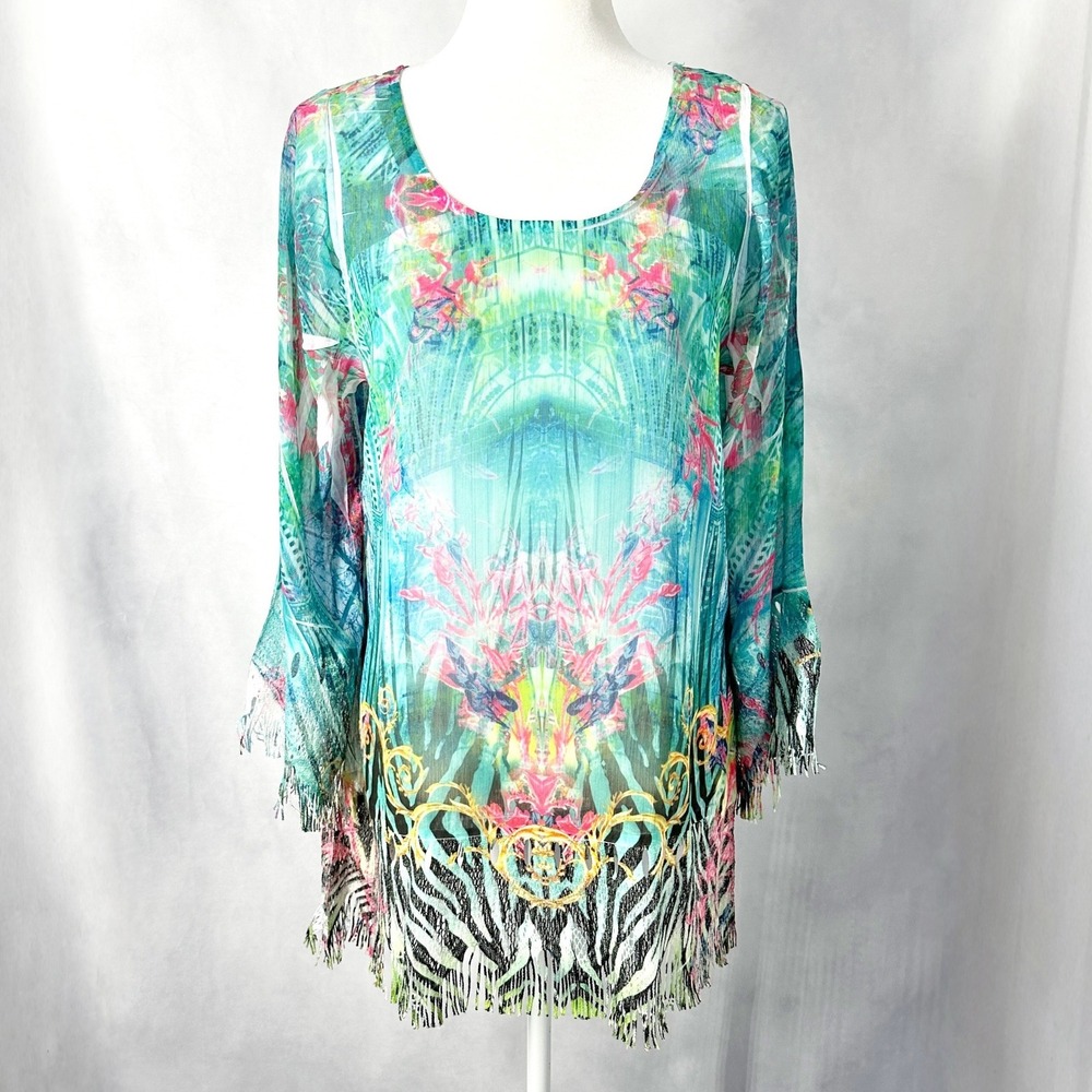 Mushka by Sienna Rosa Tropical Abstract Teal Fringe Tunic Top Womens Size Large